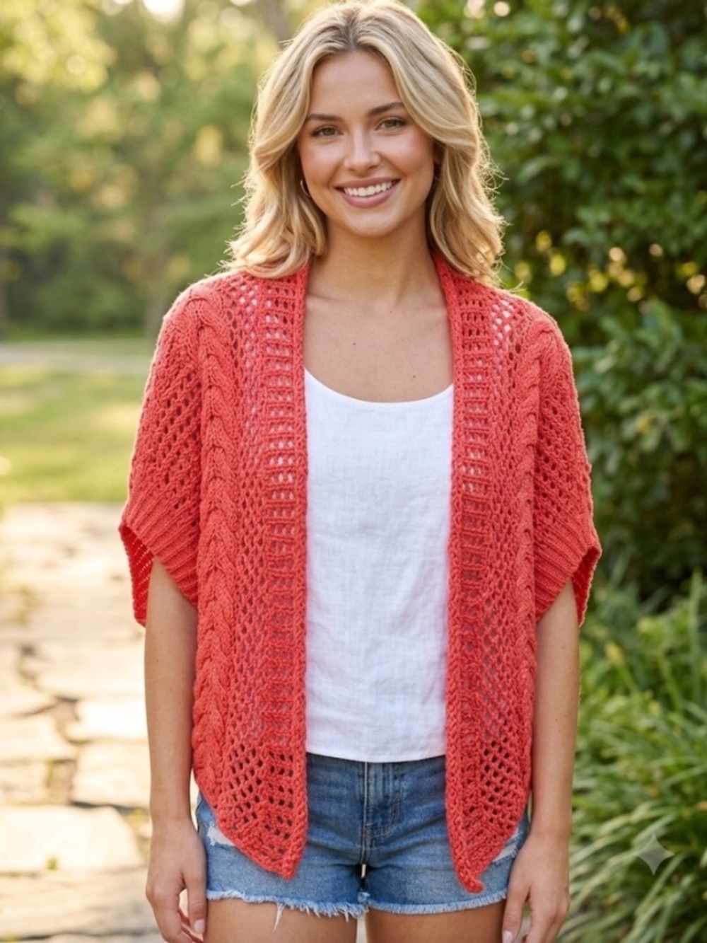 Minnie Rose Coral Red Open Front Crochet Knit Cardigan Shrug XS/S